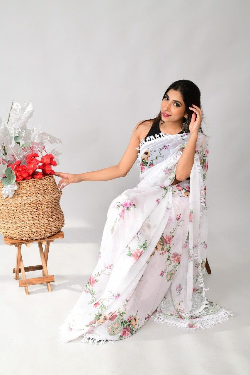 Orgenza | White Color Georgette Soft Silk Printed And GPO Lace All Over Saree With Contrast Blouse - Orgenza Store - digisoch
