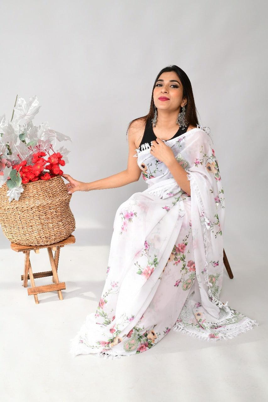 Orgenza | White Color Georgette Soft Silk Printed And GPO Lace All Over Saree With Contrast Blouse - Orgenza Store