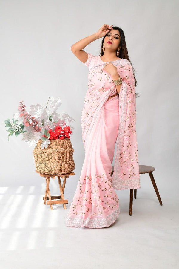 Orgenza | Peach Color Embroidery Work Georgette Saree With Contrast Blouse - Orgenza Store