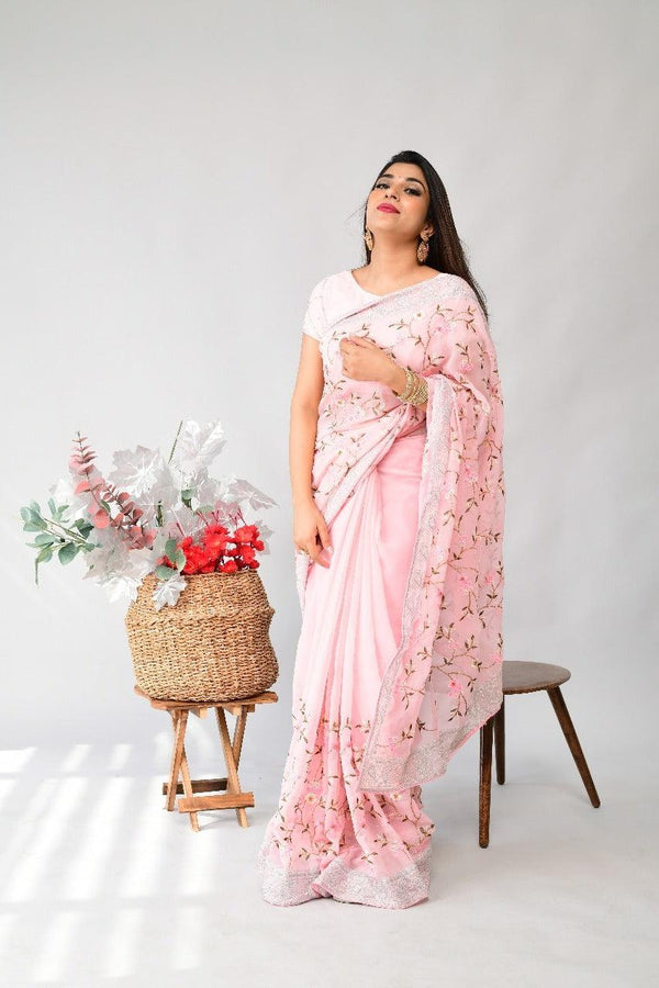 Orgenza | Peach Color Embroidery Work Georgette Saree With Contrast Blouse - Orgenza Store