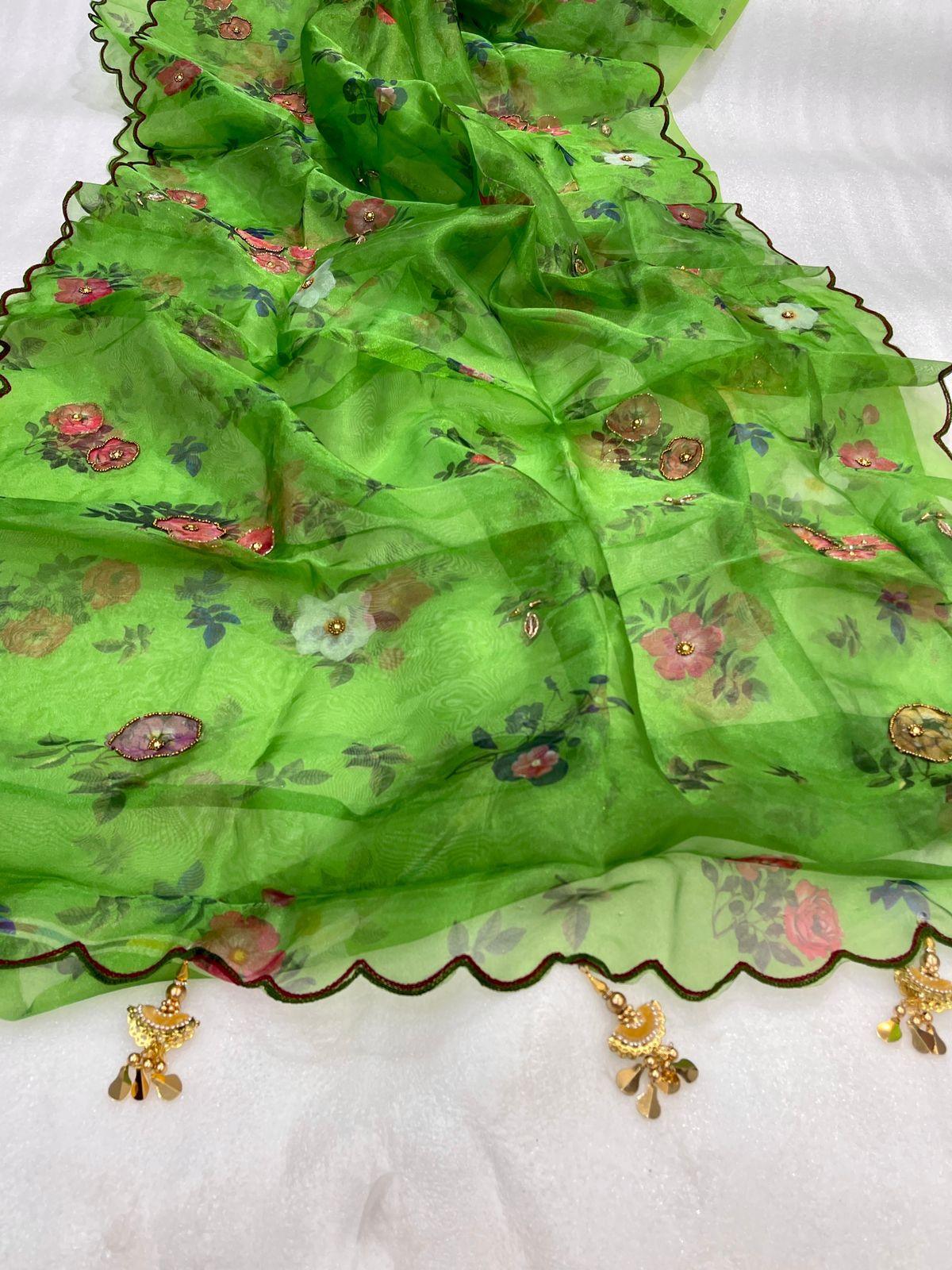 Orgenza | Green Color Flower Printed And Handwork Design Organza Silk Saree With Blouse - Orgenza Store