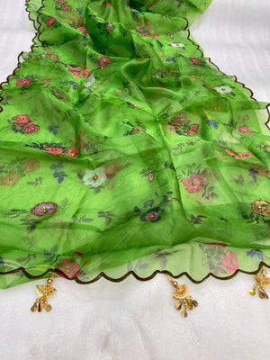 Orgenza | Green Color Flower Printed And Handwork Design Organza Silk Saree With Blouse - Orgenza Store