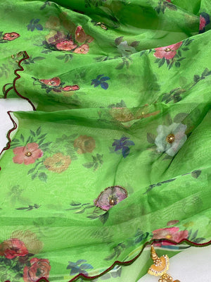 Orgenza | Green Color Flower Printed And Handwork Design Organza Silk Saree With Blouse - Orgenza Store