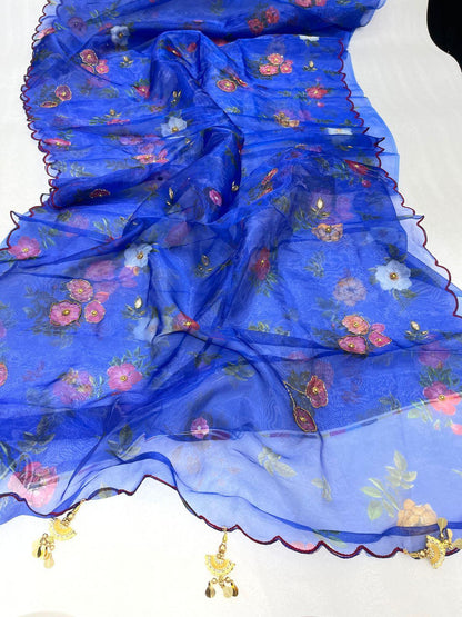 Orgenza || Mk Hit Blue Color Pure Organza Silk Saree With Cutwork Border Saree With Blouse - Orgenza Store
