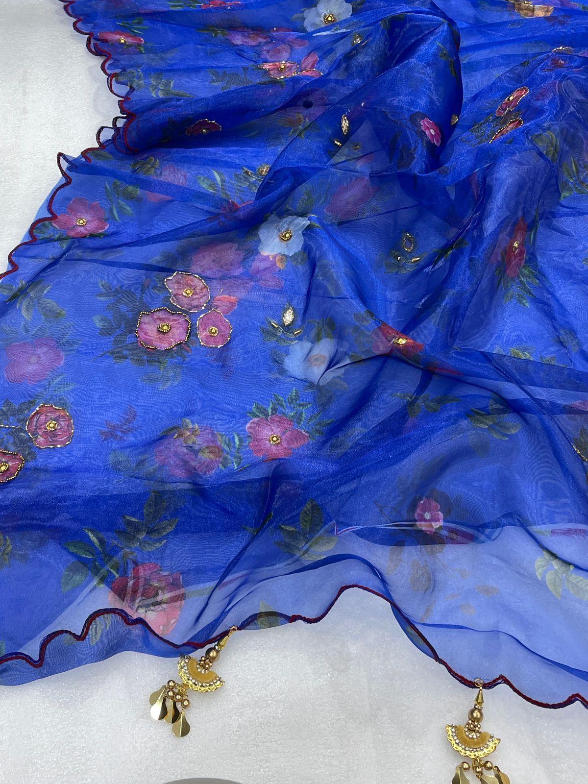 Orgenza || Mk Hit Blue Color Pure Organza Silk Saree With Cutwork Border Saree With Blouse - Orgenza Store