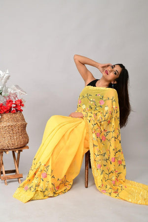 Orgenza | Yellow Color Embroidery Work Georgette Saree With Running Blouse - Orgenza Store