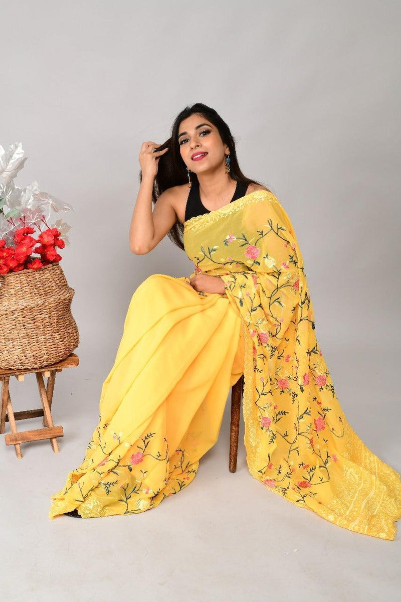 Orgenza | Yellow Color Embroidery Work Georgette Saree With Running Blouse - Orgenza Store