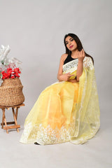 Orgenza || Light Yellow Color Organza Silk Embroidery Work All Over Saree With Contrast Blouse - Orgenza Store