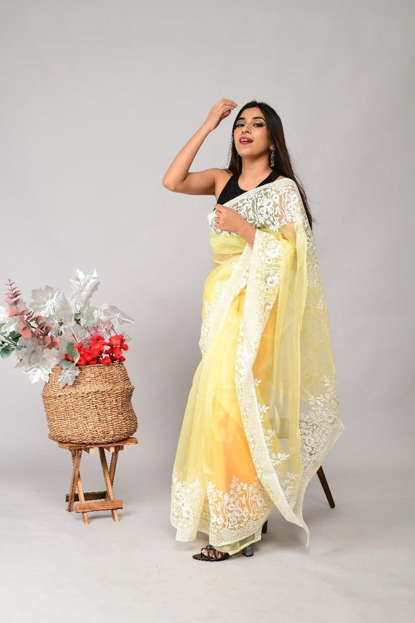 Orgenza || Light Yellow Color Organza Silk Embroidery Work All Over Saree With Contrast Blouse - Orgenza Store