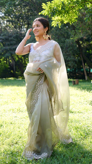 Orgenza || Green Colour Sirovastra Pure organza Silk Saree With Contrast Blouse - Orgenza Store