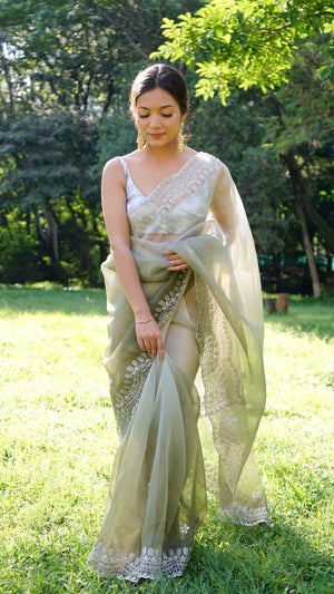 Orgenza || Green Colour Sirovastra Pure organza Silk Saree With Contrast Blouse - Orgenza Store
