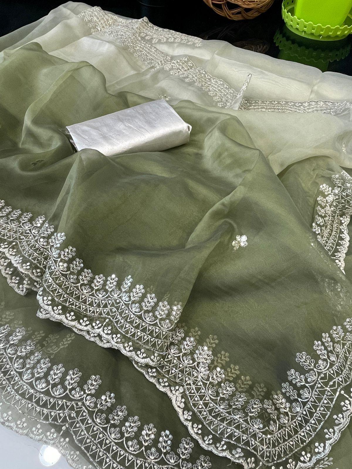 Orgenza || Green Colour Sirovastra Pure organza Silk Saree With Contrast Blouse - Orgenza Store
