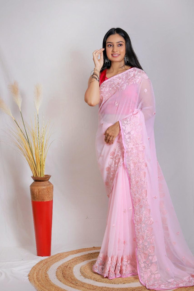 Onion Pink Soft Georgette Embroidery Work Saree With Blouse