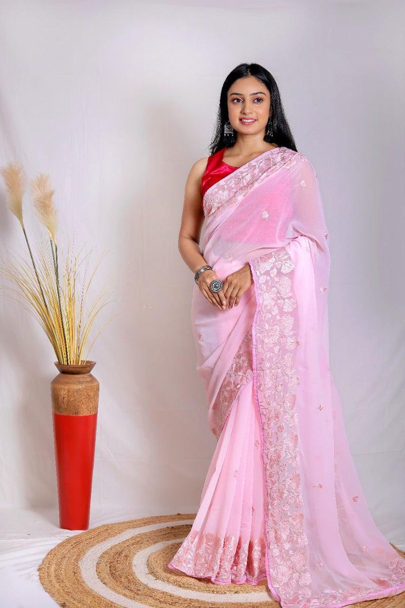 Hit Baby Pink Color Embroidery Work Georgette Soft Saree - Orgenza Store