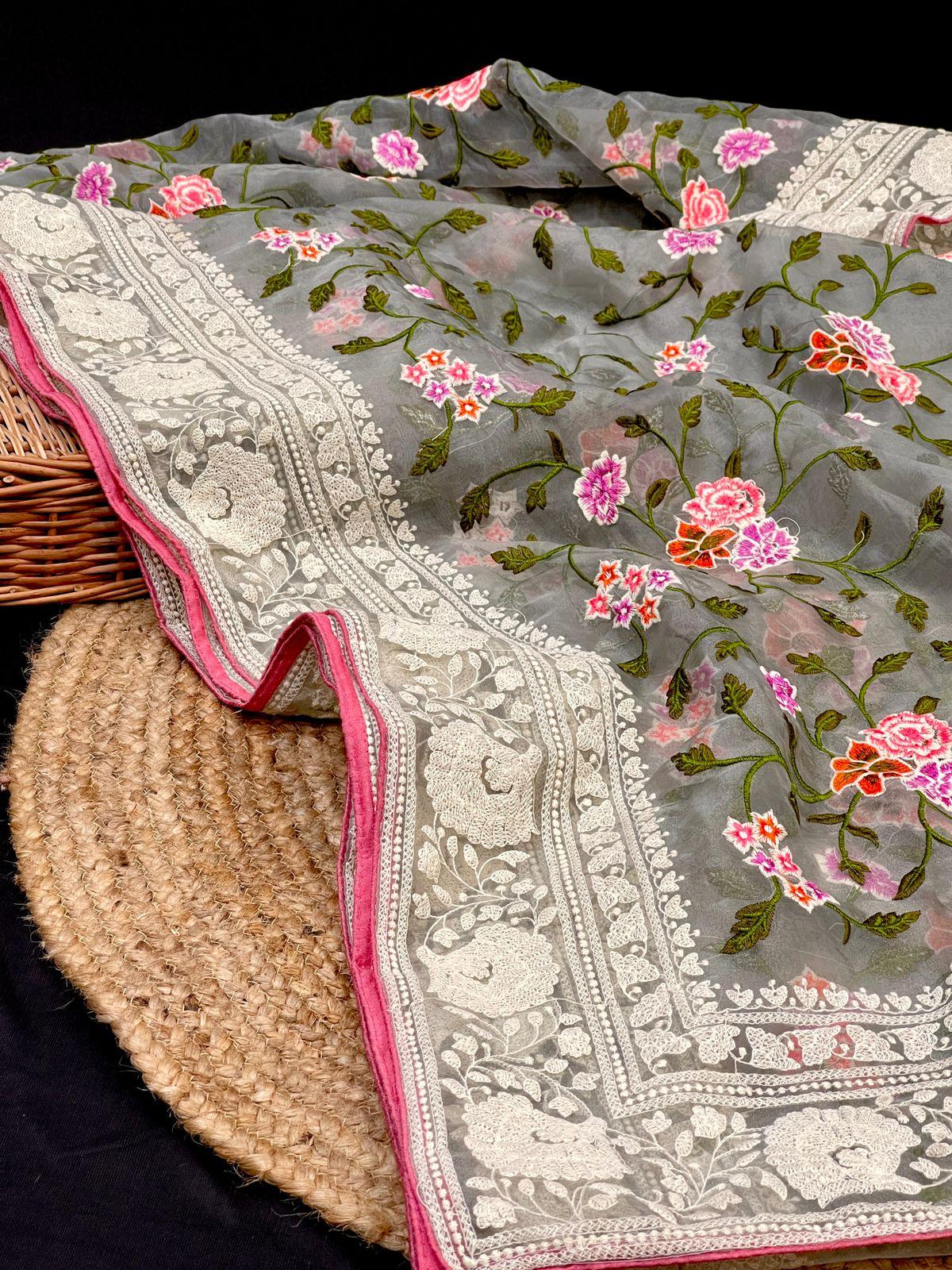 Fulwari Grey Color Embroidery Work Pure Organza Silk Saree With White Blouse - Orgenza Store