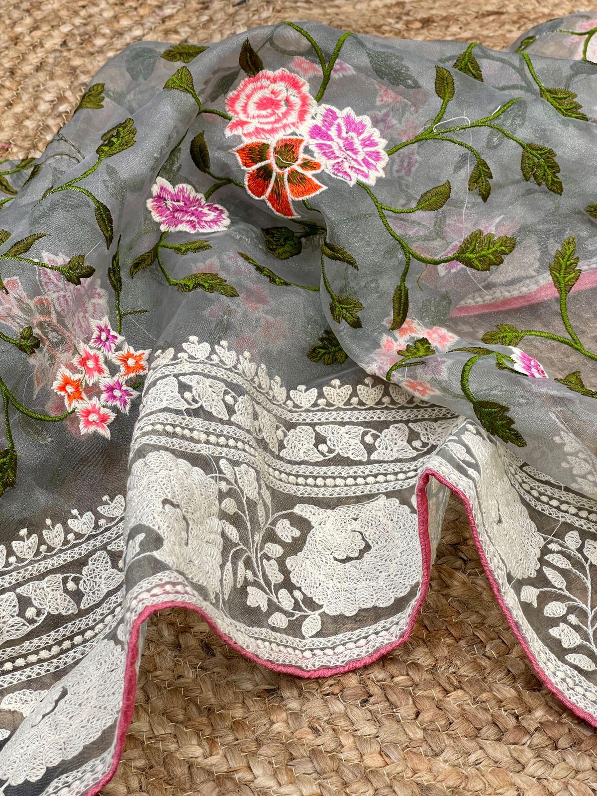 Fulwari Grey Color Embroidery Work Pure Organza Silk Saree With White Blouse - Orgenza Store