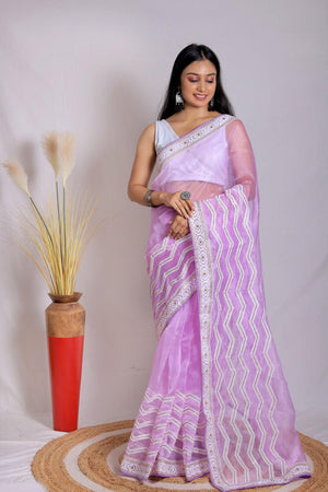 Orgenza || Banno Lavender Color Leheriya Design Embroidery Work Pure Organza Silk Saree With Blouse - Orgenza Store - digisoch