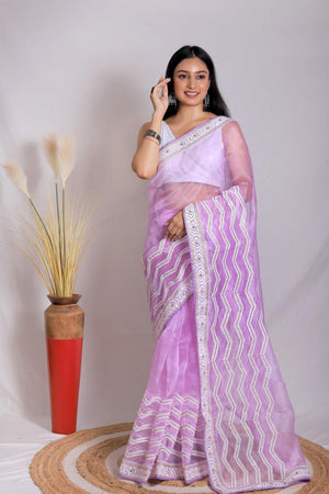 Orgenza || Banno Lavender Color Leheriya Design Embroidery Work Pure Organza Silk Saree With Blouse - Orgenza Store - digisoch