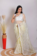Orgenza || Banno Light Lemon Color Leheriya Design Embroidery Work Pure Organza Silk Saree With Blouse - Orgenza Store
