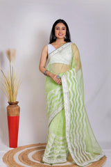 Orgenza || Banno Mint Green Color Leheriya Design Embroidery Work Pure Organza Silk Saree With Blouse - Orgenza Store