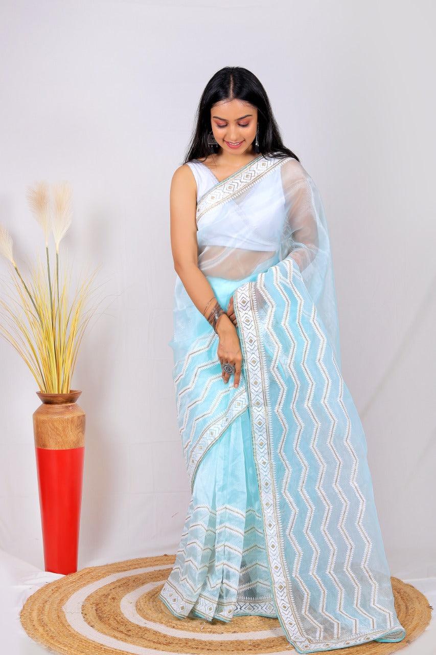 Orgenza || Banno Tame Teal Color Leheriya Design Embroidery Work Pure Organza Silk Saree With Blouse - Orgenza Store