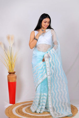 Orgenza || Banno Tame Teal Color Leheriya Design Embroidery Work Pure Organza Silk Saree With Blouse - Orgenza Store