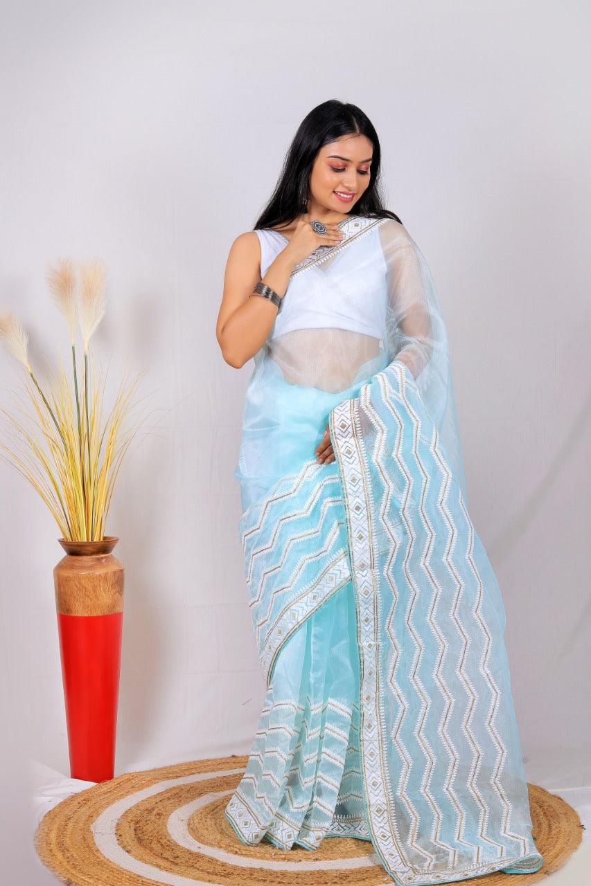 Orgenza || Banno Tame Teal Color Leheriya Design Embroidery Work Pure Organza Silk Saree With Blouse - Orgenza Store