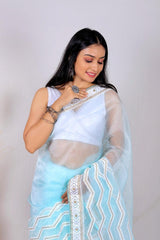 Orgenza || Banno Tame Teal Color Leheriya Design Embroidery Work Pure Organza Silk Saree With Blouse - Orgenza Store