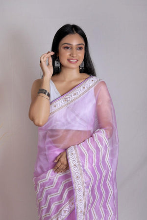 Orgenza || Banno Lavender Color Leheriya Design Embroidery Work Pure Organza Silk Saree With Blouse - Orgenza Store - digisoch
