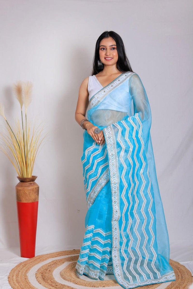 Orgenza || Banno Sky Blue Color Leheriya Design Embroidery Work Pure Organza Silk Saree With Blouse - Orgenza Store
