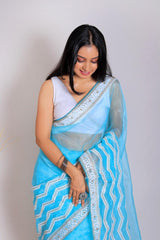 Orgenza || Banno Sky Blue Color Leheriya Design Embroidery Work Pure Organza Silk Saree With Blouse - Orgenza Store