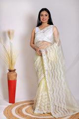 Orgenza || Banno Light Lemon Color Leheriya Design Embroidery Work Pure Organza Silk Saree With Blouse - Orgenza Store