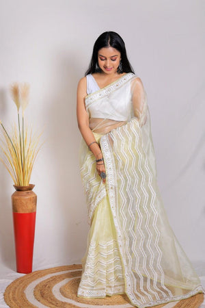 Orgenza || Banno Light Lemon Color Leheriya Design Embroidery Work Pure Organza Silk Saree With Blouse - Orgenza Store