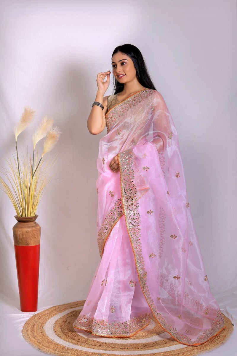 Orgenza || Party Pink Color Moh Maya Heavy Gotta Patti Work And Pure Organza Silk Saree With Blouse - Orgenza Store