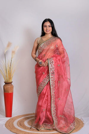 Orgenza || Gajri Color Moh Maya Heavy Gotta Patti Work And Pure Organza Silk Saree With Blouse - Orgenza Store - digisoch