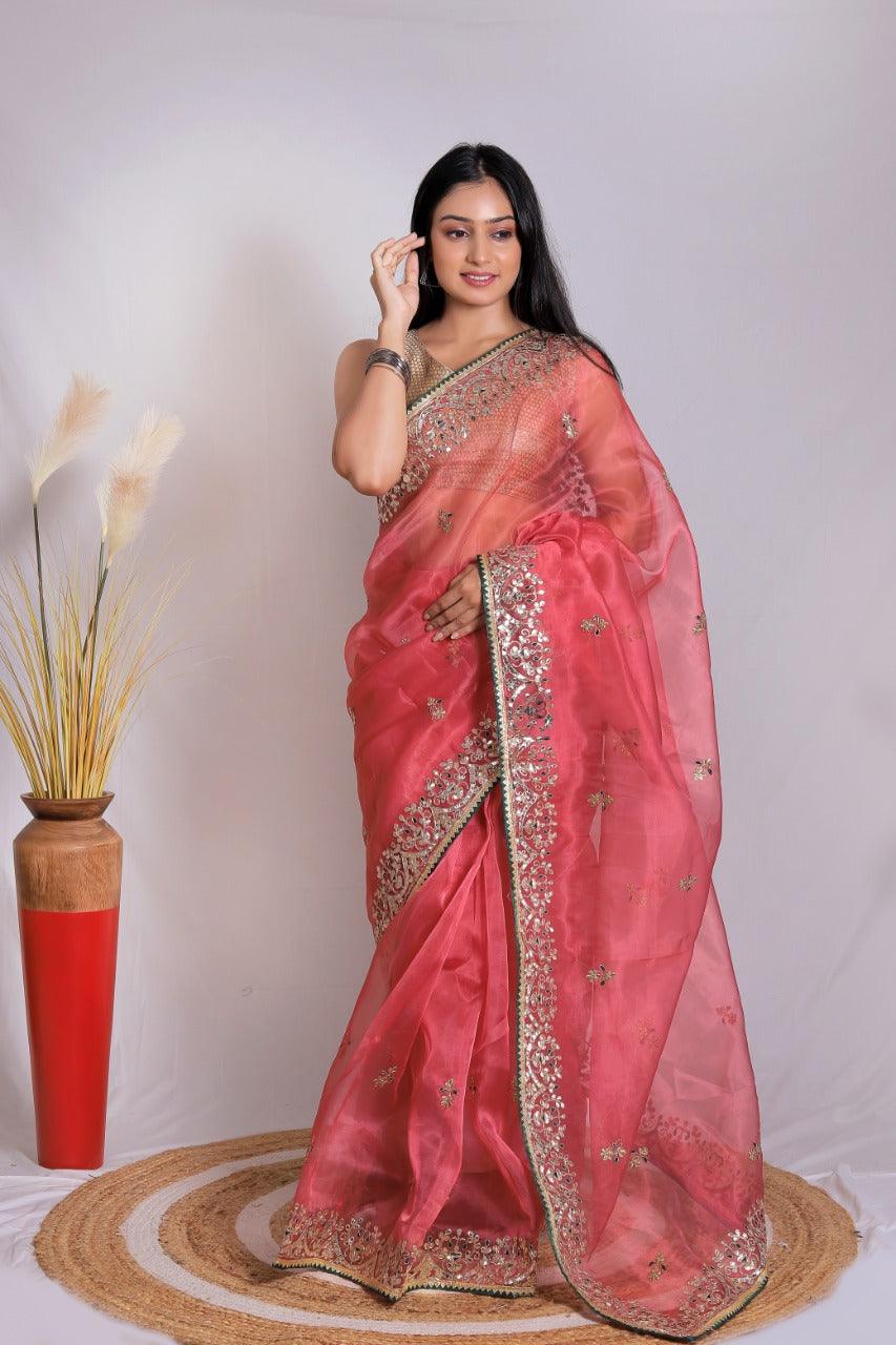 Orgenza || Gajri Color Moh Maya Heavy Gotta Patti Work And Pure Organza Silk Saree With Blouse - Orgenza Store