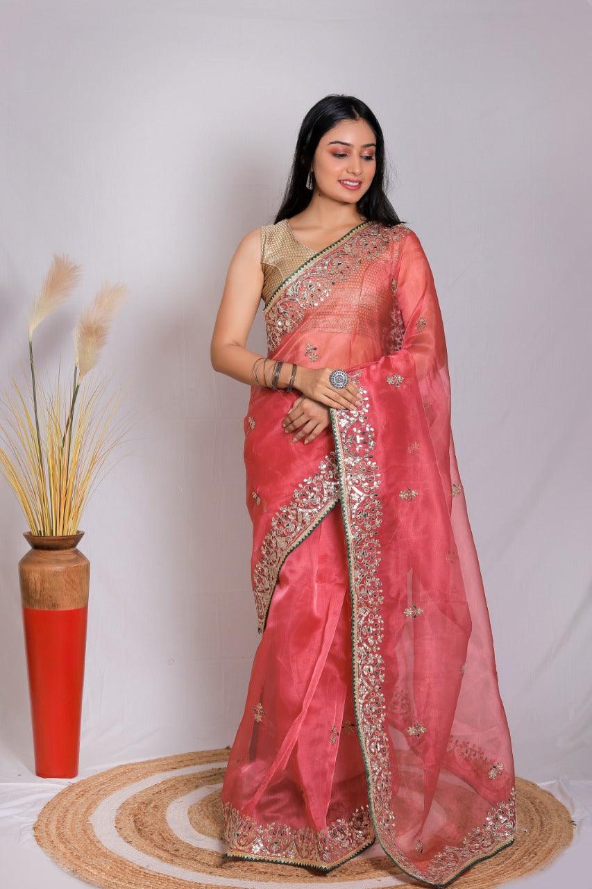 Orgenza || Gajri Color Moh Maya Heavy Gotta Patti Work And Pure Organza Silk Saree With Blouse - Orgenza Store