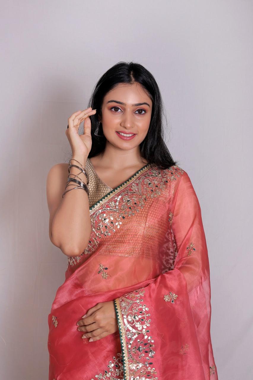 Orgenza || Gajri Color Moh Maya Heavy Gotta Patti Work And Pure Organza Silk Saree With Blouse - Orgenza Store