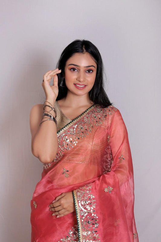 Orgenza || Gajri Color Moh Maya Heavy Gotta Patti Work And Pure Organza Silk Saree With Blouse - Orgenza Store