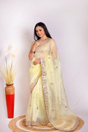 Orgenza || Light Lemon Color Moh Maya Heavy Gotta Patti Work And Pure Organza Silk Saree With Blouse - Orgenza Store