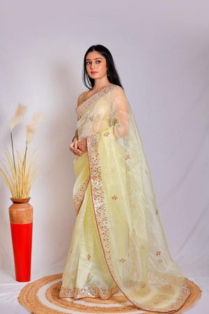 Orgenza || Light Lemon Color Moh Maya Heavy Gotta Patti Work And Pure Organza Silk Saree With Blouse - Orgenza Store