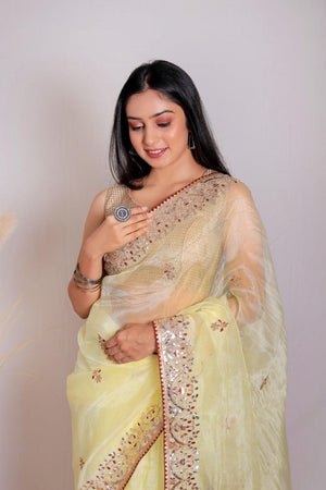 Orgenza || Light Lemon Color Moh Maya Heavy Gotta Patti Work And Pure Organza Silk Saree With Blouse - Orgenza Store