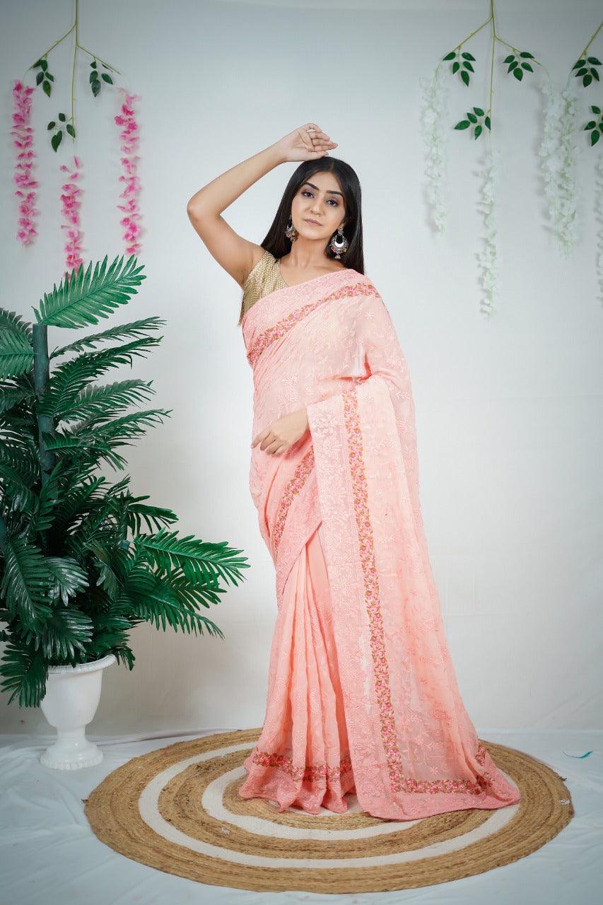 Peach Color Embroidery Work Heavy Georgette Silk Saree With Running Blouse - Orgenza Store