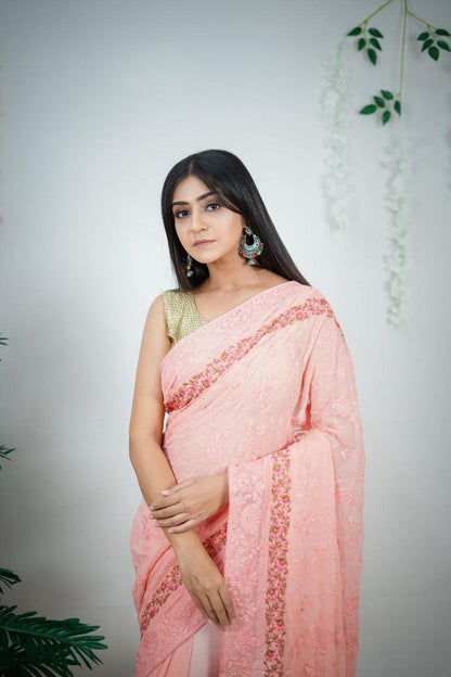 Peach Color Embroidery Work Heavy Georgette Silk Saree With Running Blouse - Orgenza Store