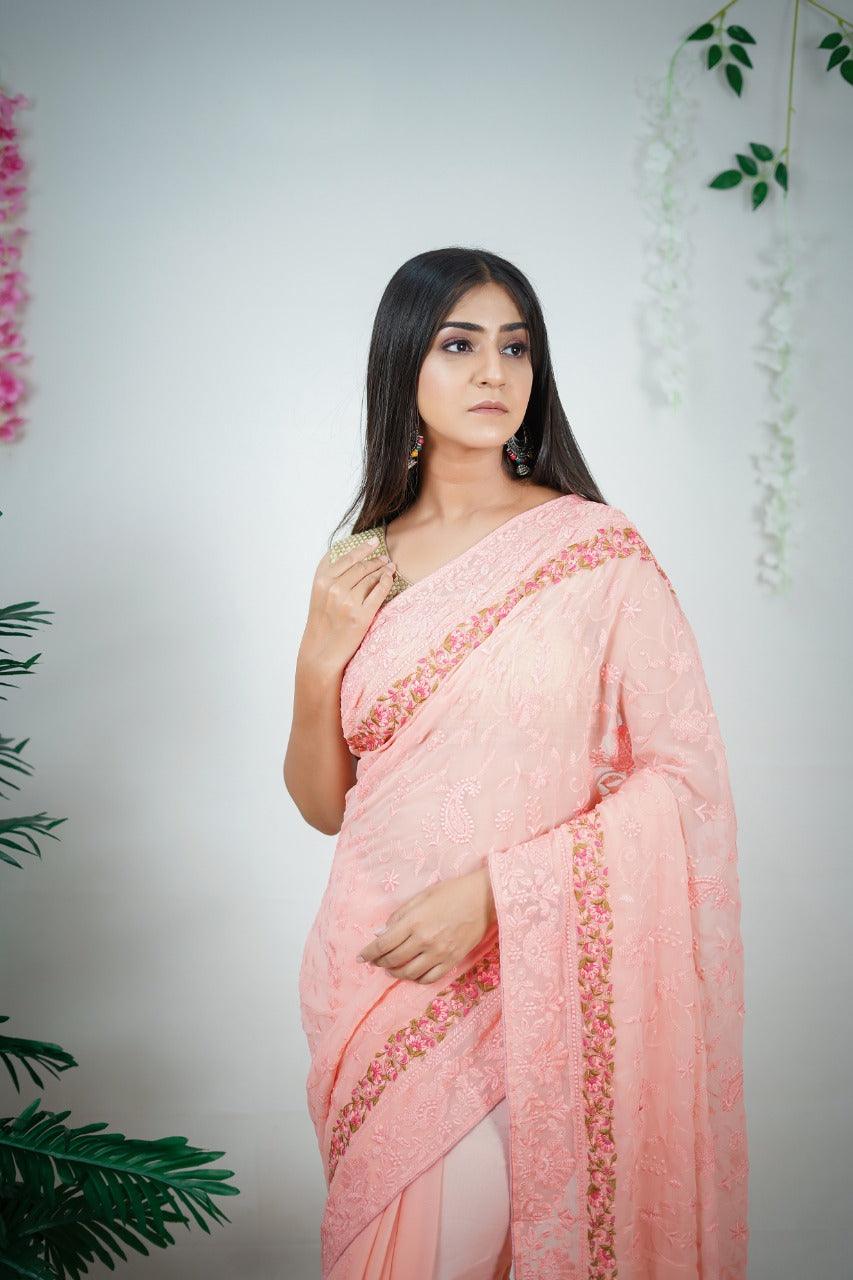 Peach Color Embroidery Work Heavy Georgette Silk Saree With Running Blouse - Orgenza Store