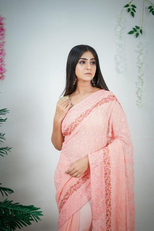 Peach Color Embroidery Work Heavy Georgette Silk Saree With Running Blouse - Orgenza Store - digisoch