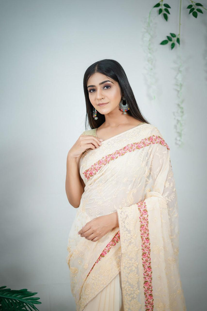 Orgenza || Off White Color Embroidery Work Heavy Georgette Silk Saree With Running Blouse - Orgenza Store