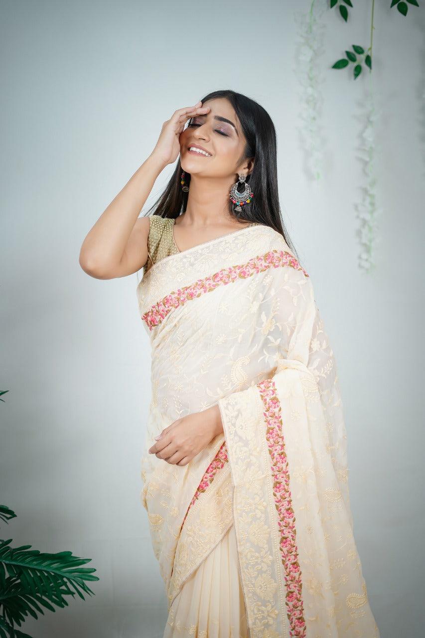 Orgenza || Off White Color Embroidery Work Heavy Georgette Silk Saree With Running Blouse - Orgenza Store - digisoch