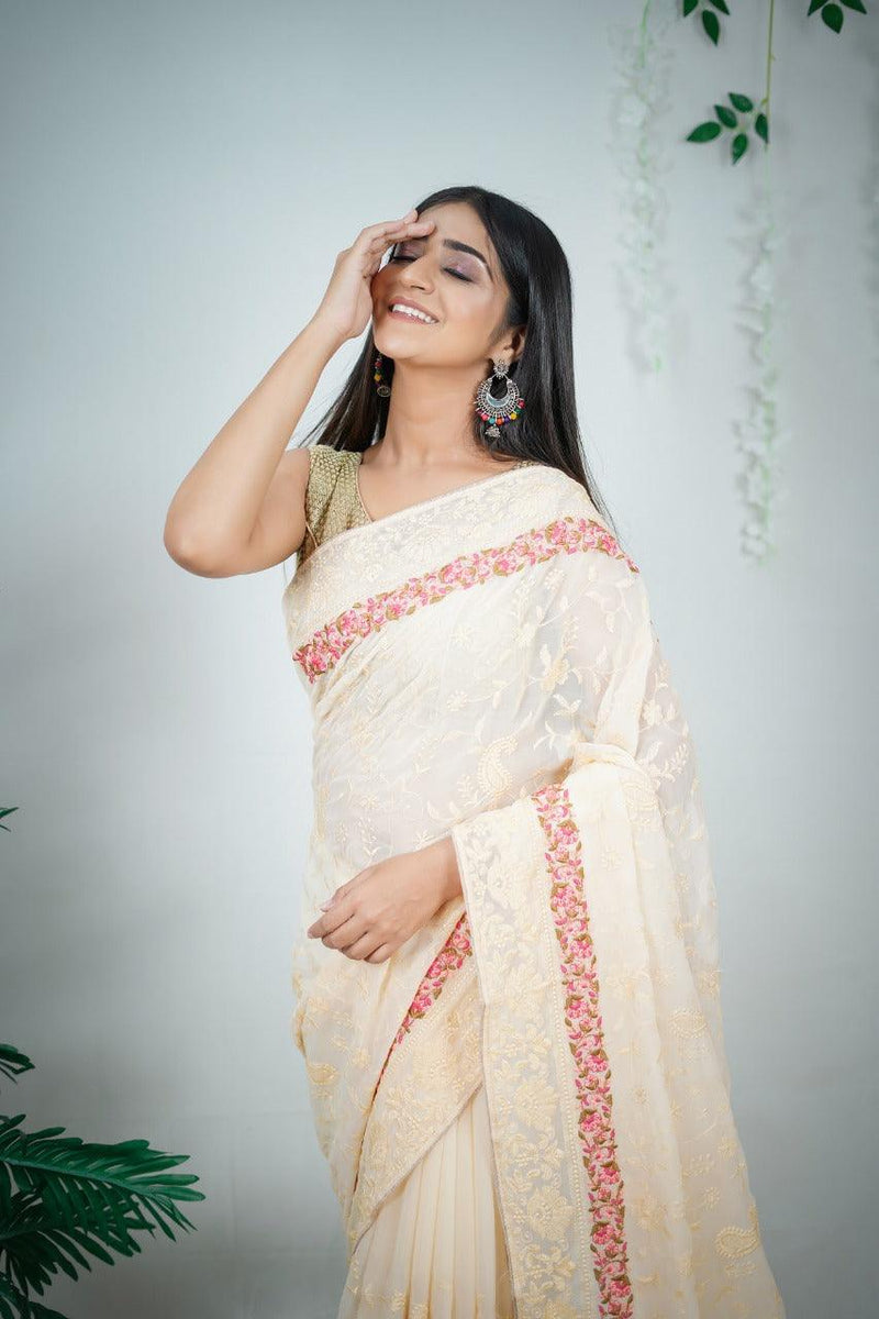 Orgenza || Off White Color Embroidery Work Heavy Georgette Silk Saree With Running Blouse - Orgenza Store