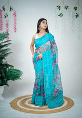 Orgenza || Azure Sky Color Best Selling Embroidery Work Pure Organza Silk Saree With Running Blouse - Orgenza Store